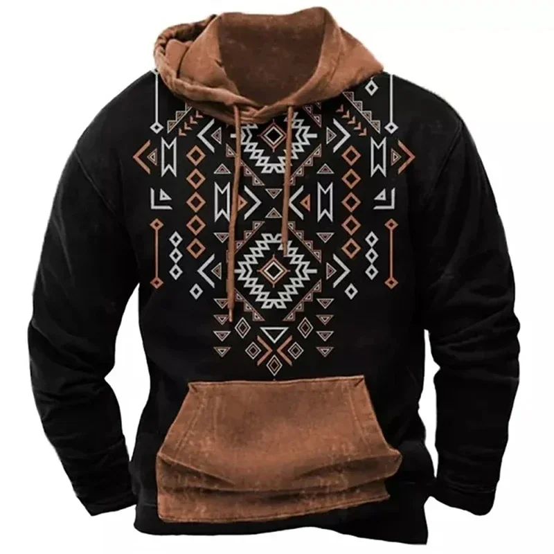 Vintage Pattern Hooded Sweatshirts For Men Ethnic 3D Printed Long Sleeves Autumn Casual Street Tops Hoodies Oversized Pullovers