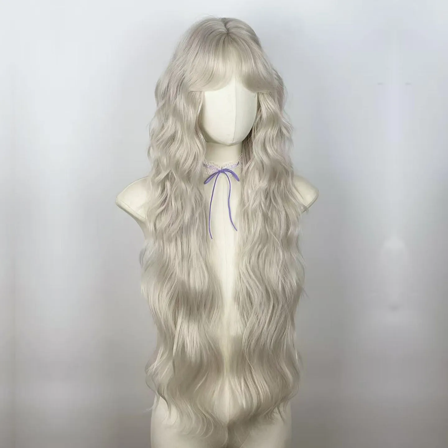 Silver and white wig full head cover female super long big wave water ripple daily high level medium split long curly hair