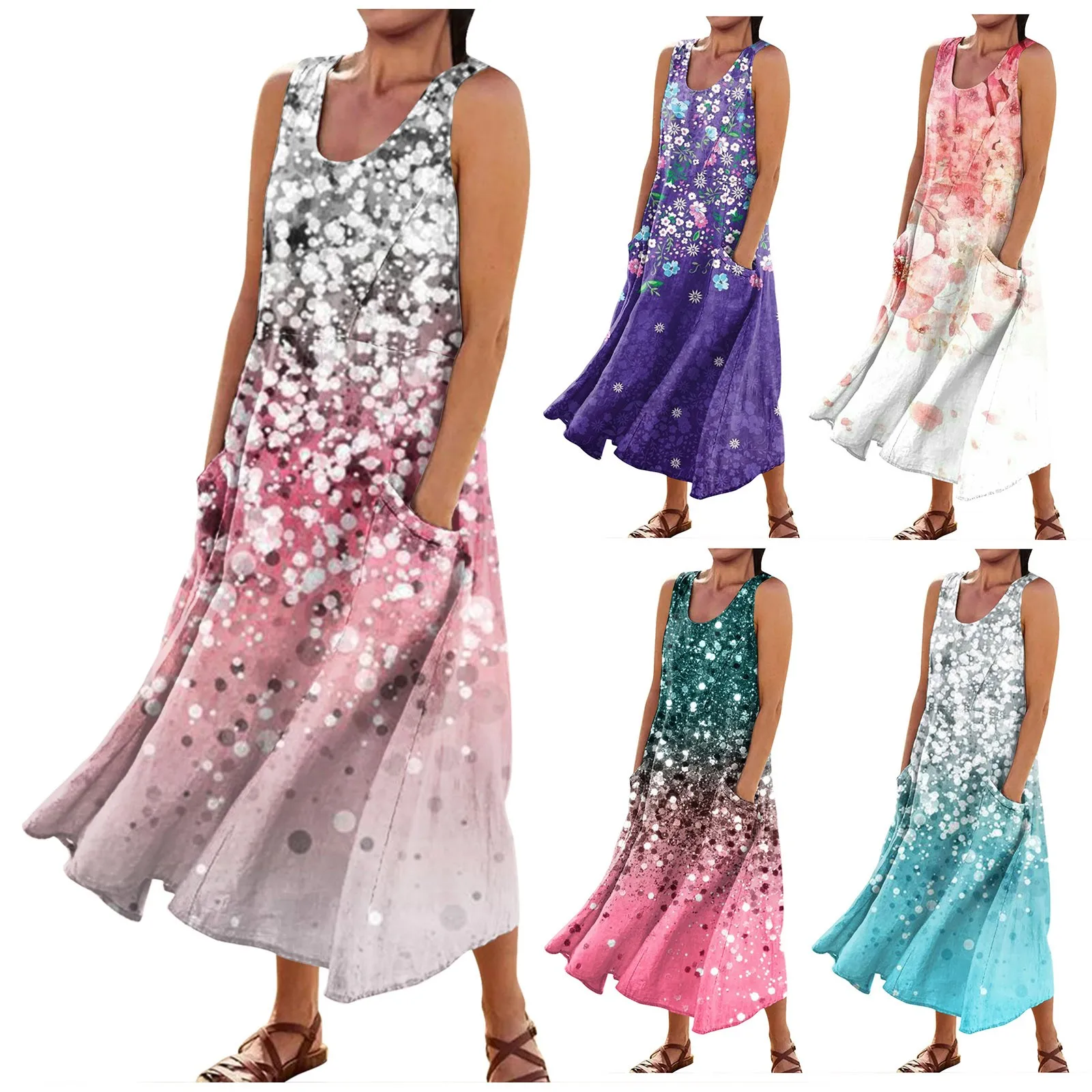 Vestidos Largos Women'S Summer Casual Fashion Printed Sleeveless Round Neck Pocket Dress Ladies Maillard Dress Robes Longues