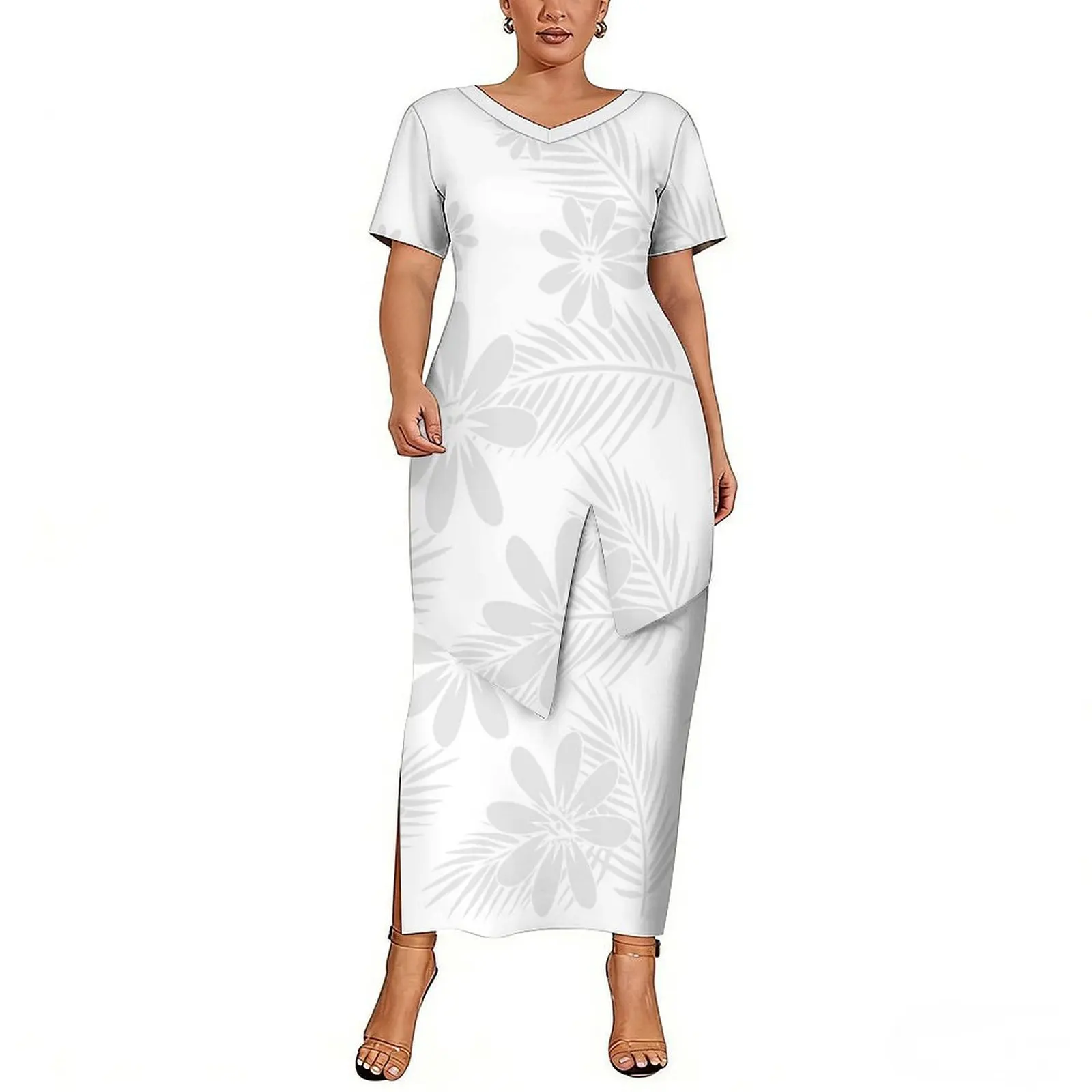 

Two-Piece Polynesian Long Skirt Short-Sleeved Round-Neck White Puletasi Samoan Island Mother'S Festival Dress
