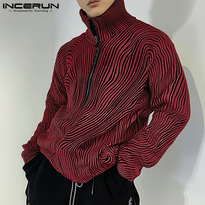 Handsome Well Fitting Tops INCERUN Men Fashion Abstract Print Line Zipper Sweatshirts Streetwear Male Long Sleeved Sweaters 2024