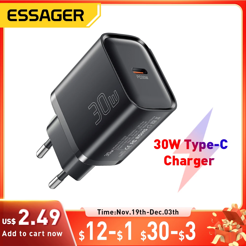 Essager 30W Type-C Charger PD 3.0 USB C Charger For iPhone 16 15 14 Pro Samsung Huawei  Xiaomi Tablet iPad Air Pro Phone Charger