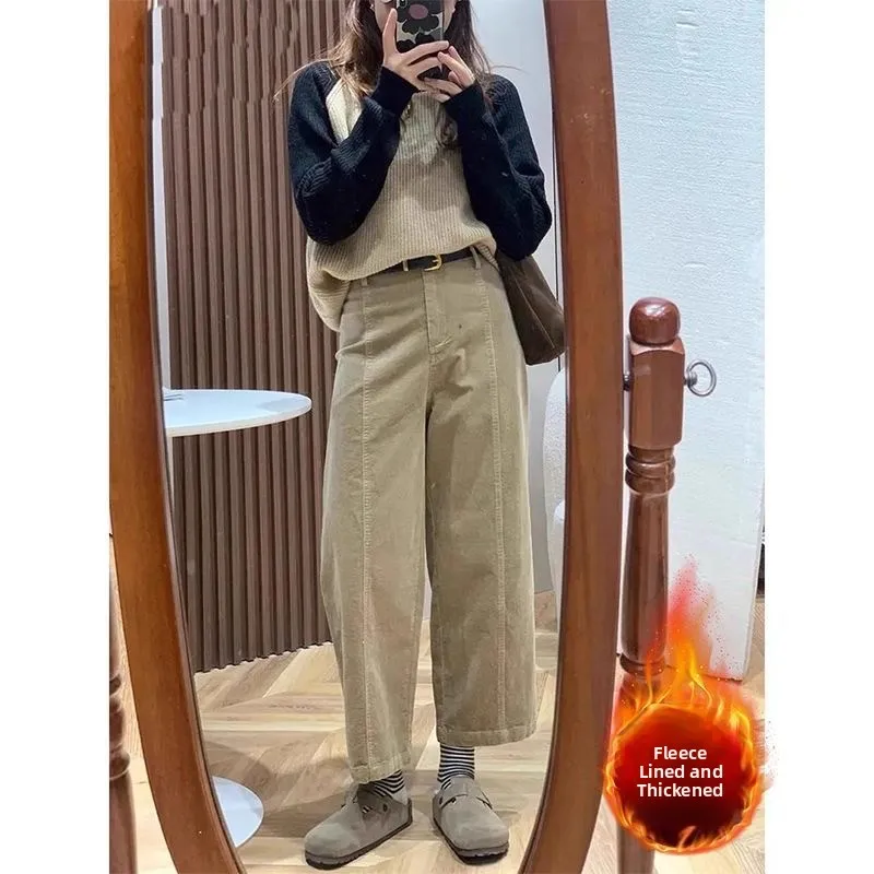 

plus Size Women's Winter Fce Lined Vintage Harlan Pants Corduroy Tapered Casual Nine Point High Waist Cotton Straight Leg
