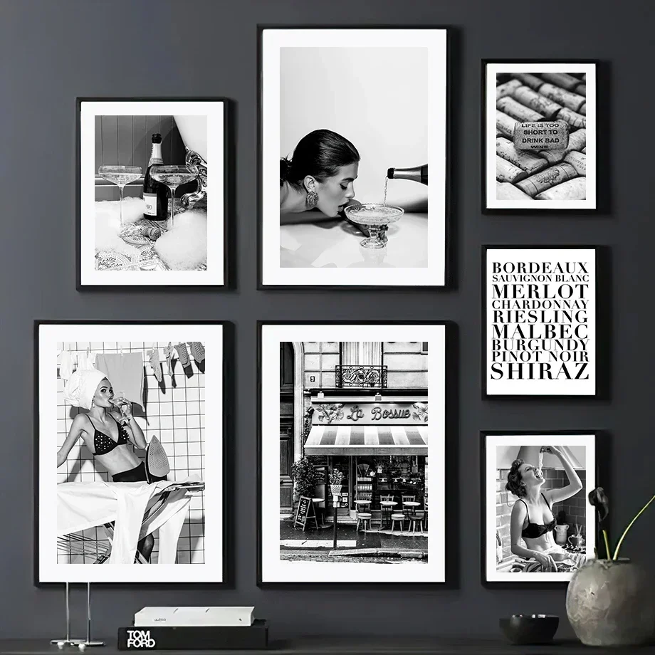 Pósteres e impresiones de decoración para sala de estar, pintura en lienzo, arte de pared, decoración del hogar, color champán, café, vino, chica de París, blanco y negro