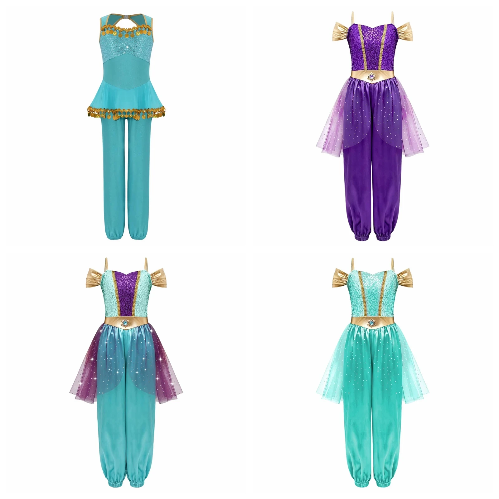 Kids Shiny Gold Trim  Jumpsuits for Girls Arabian Princess Outfit Sequined Jumpsuit Sleeveless Bodysuit for Halloween Costume