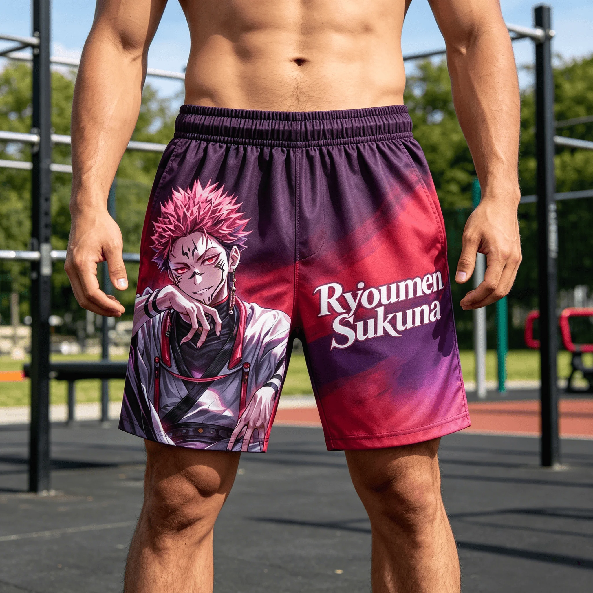 Jujutsu Kaisen Ryomen Sukuna Print Shorts, Purple Red Gradient Quick Dry Breathable Casual Beach Board Shorts,  Sports Shorts