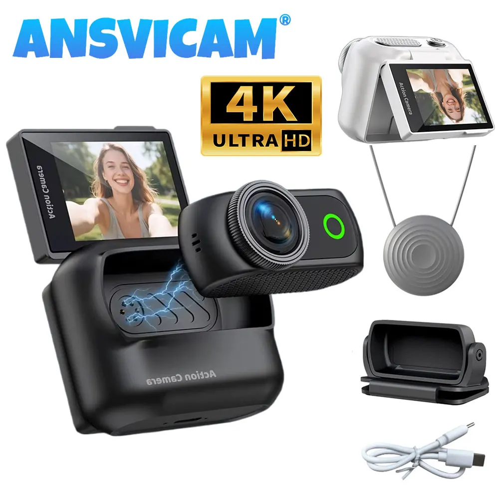 ANSVICAM Cámara Deportiva Magnética Mini POV 4K, Cámara de Vlogging Portátil Antivibración con Estuche de Carga, Cámaras de Pulgar para Usar en el Cuerpo