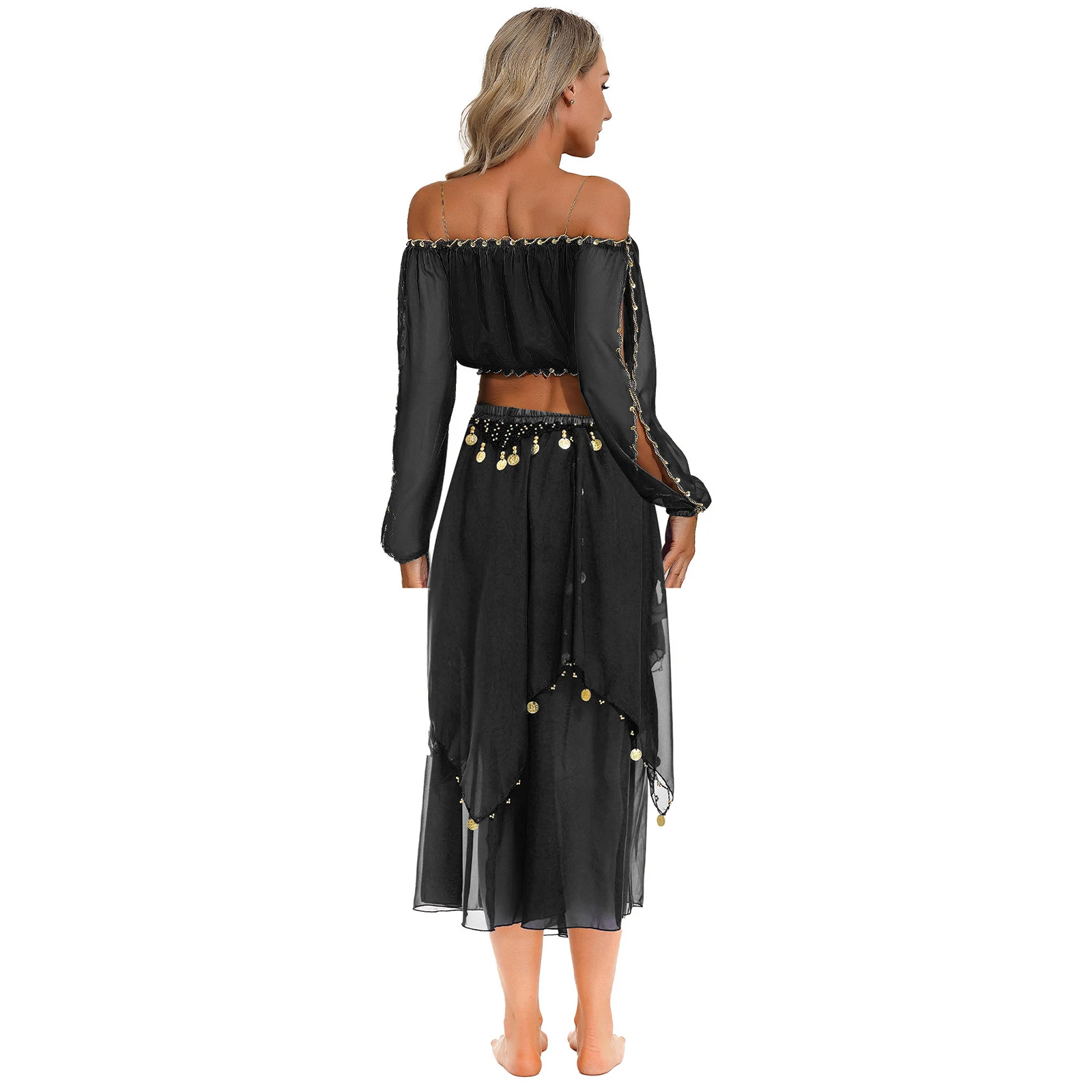 Womens Shiny Belly Dance Outfit Off Shoulder Long Puff Sleeve Crop Top and Sequin Trims Chiffon Skirt Suit for Dancing Party