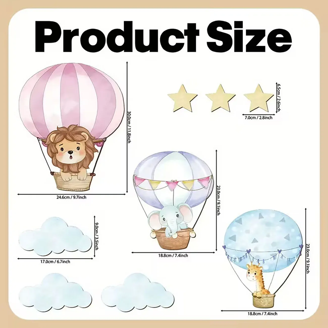 **** 9 Pcs Wooden Hot Air Balloon Wall Decor 2D Flat Print Cute Animal Cloud Star Wall Art for Kids Bedroom Nursery Decoration
