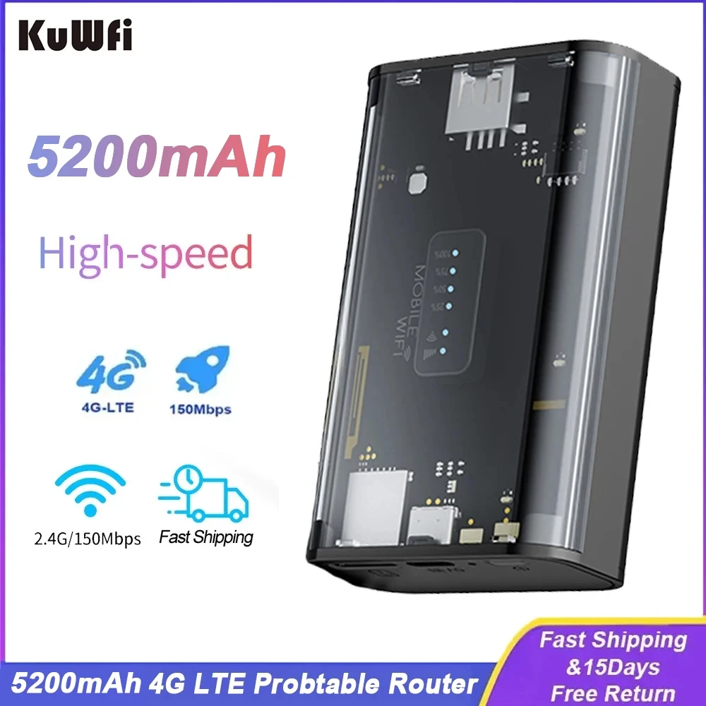 KuWFi 5200mAh LTE Router Proteble Mini 4G Router 150Mbps Wireless Wi-Fi Outdoor Travel Hotspot SIM Card Slot USB Output Power