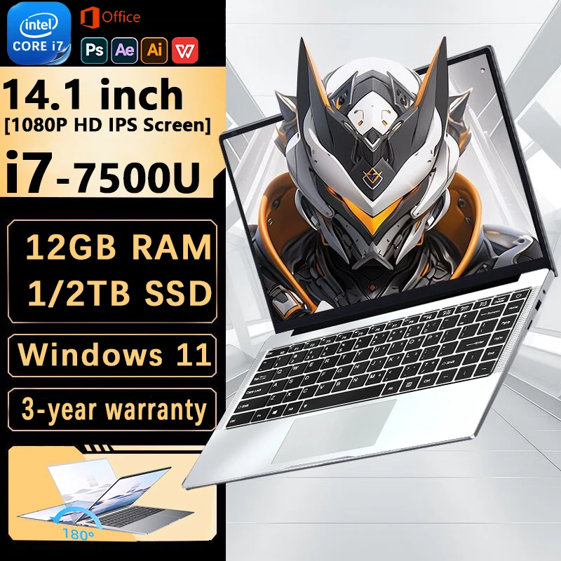 

14,1-дюймовый ноутбук Windows 11 Pro Intel Core i7-7500U/Intel Atom x7 A3950 1920*1080P, 12 ГБ ОЗУ, 1 ТБ, 2 ТБ SSD 180 ° открытый ПК