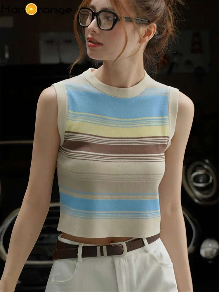 

HanOrange 2024 Spring Strecth Stripe Racerback Tank Women Slim Fit Comfortable Folding Short Top Female Blue/Coffee