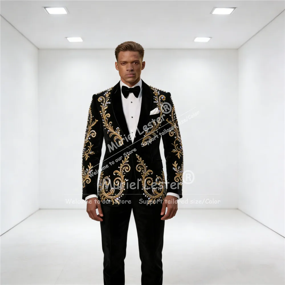 

Fashion Jewelry Stones Suits Men 2 Pieces Sets Single Breasted Velvet Beaded Prom Blazer Customized Groom Wedding Tuxedos Luxury