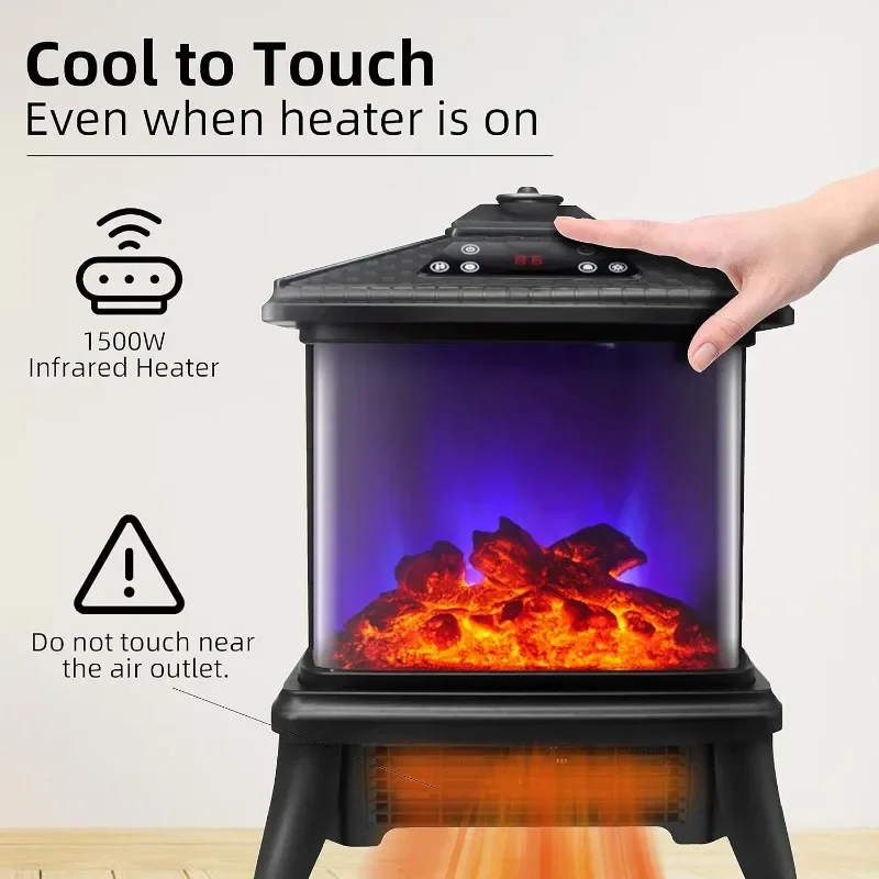 Electric Fireplace Heater 1500W 3 Sided Portable Freestanding Stove Heater Realistic Flame Effect 7 Colors& 3 Brightness