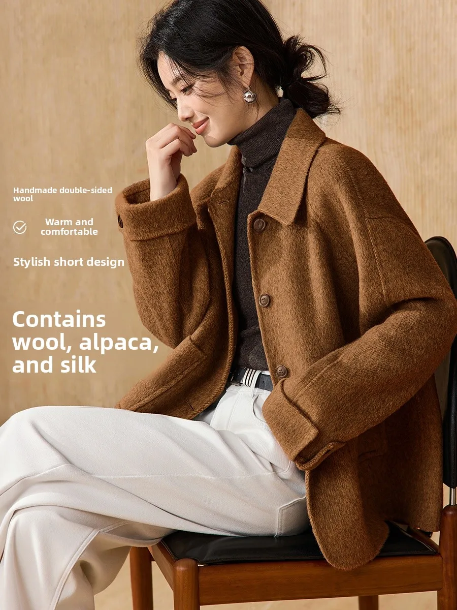 

Mehemily Double-Faced Woolen Coat with Alpaca Silk Mohair Collar Long Sve Regular Length Winter Outerwear Ele Sle