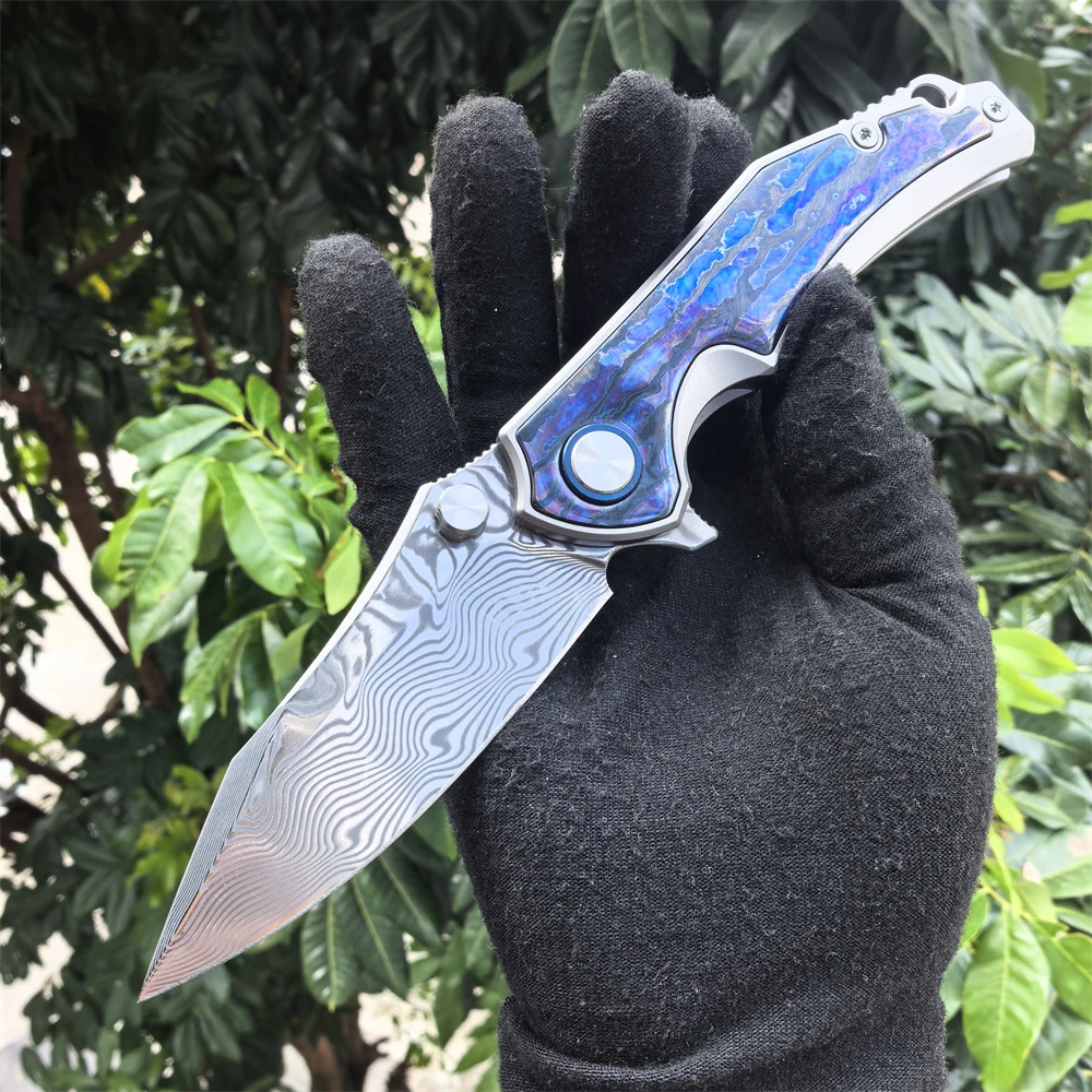 جيب سكين للفرد دمشق شفرة فولاذية أسود تيماسك مقبض التخييم في الهواء الطلق بقاء سكين صيد EDC أداة الدفاع