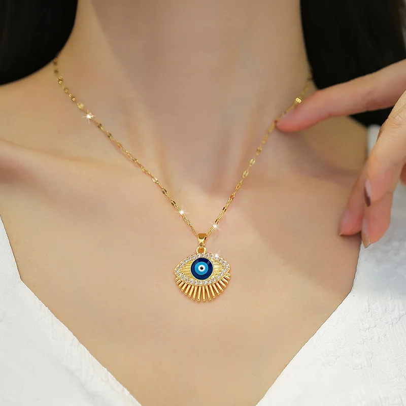 Collier mauvais œil bleu en Zircon cubique Hamsa, en acier inoxydable, collier de cils turc, bijoux grec ojo turco acero en acier inoxydable