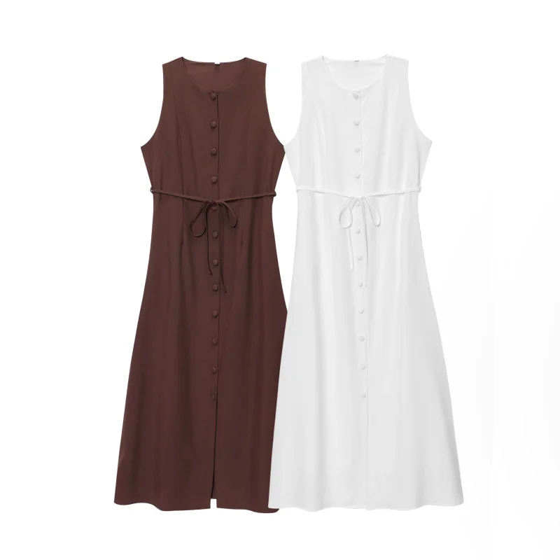 ETJ 2025 neues Damenkleid, elegante Mode, Retro-Rundhalsausschnitt, ärmellos, Gürtel, Taille, langes Kleid, Urlaub, Partykleid