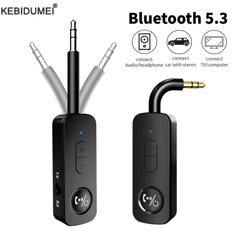 Trasmettitore ricevitore Audio Bluetooth 5.3 adattatore Wireless per musica Stereo Hifi AUX da 3.5MM con microfono per cuffie per PC TV per aeroplani per auto