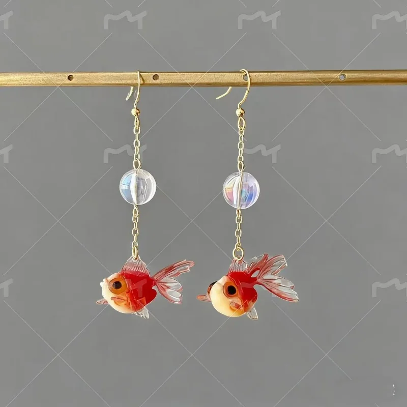 Goldfish and Bubble Dangle Earrings - Red goldfish earrings - Unique Dangle