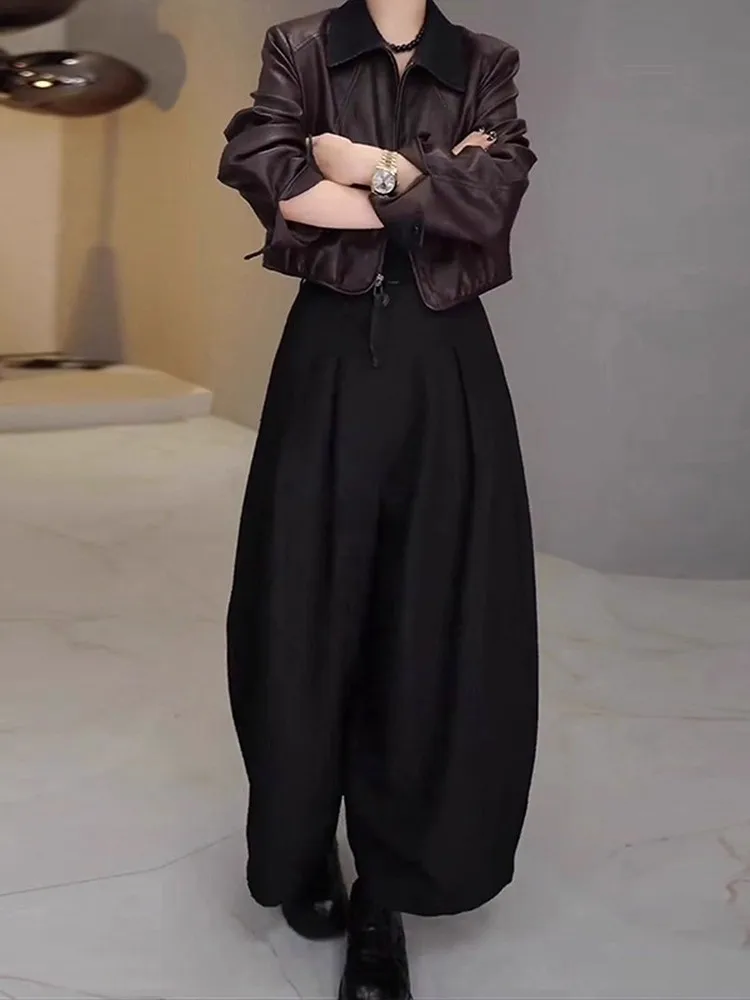 Bla plissé fleur bourgeon pantalon femmes automne hiver coupe ample dissimuler viande minceur conception décontracté jambe large pantalon