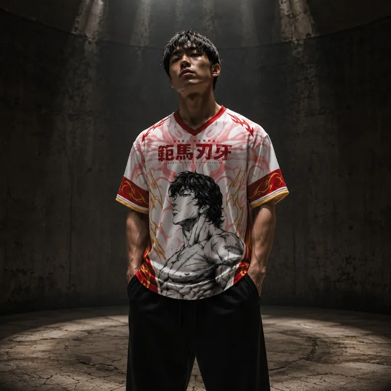 Anime Fighter Inspired V Neck Hockey Jersey, All Over Print Mesh Short Sleeve Uniform, Unisex Streetwear Sports Tee