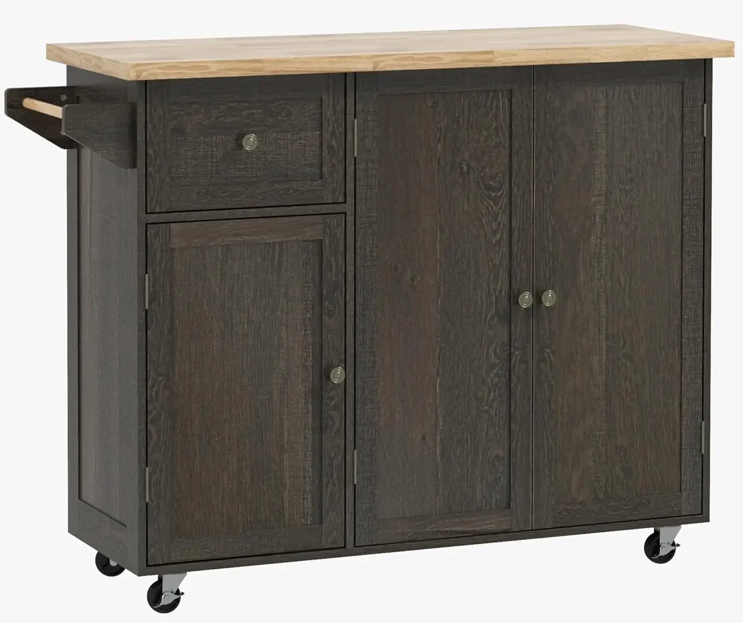 Triple-Cabinet Rolling Kitchen Island on Wheels, Kitchen Cart with Storage Shelf Adjustment, Rolling Utility Cart with Wood Top