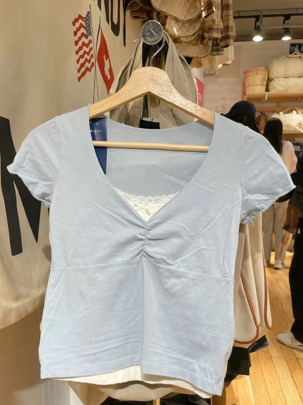 

Sweet Blue Folds V Neck Slim T Shirt Women Spring Casual Cotton Short Sleeve Tees Solid Vintage Fashion Basic T Shirt Y2k Tops