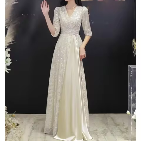 2025 New Women's Banquet High Quality Light Luxury Evening Dress Fashion V-neck Slimming Art Exam Performance Host Adult Dress