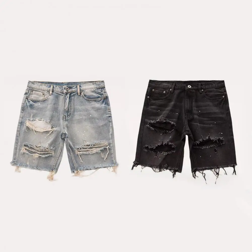 Short d'été en denim extensible pour homme, jean streetwear, trous déchirés, longueur genou, baggy, confort, short cargo, pantalon décontracté