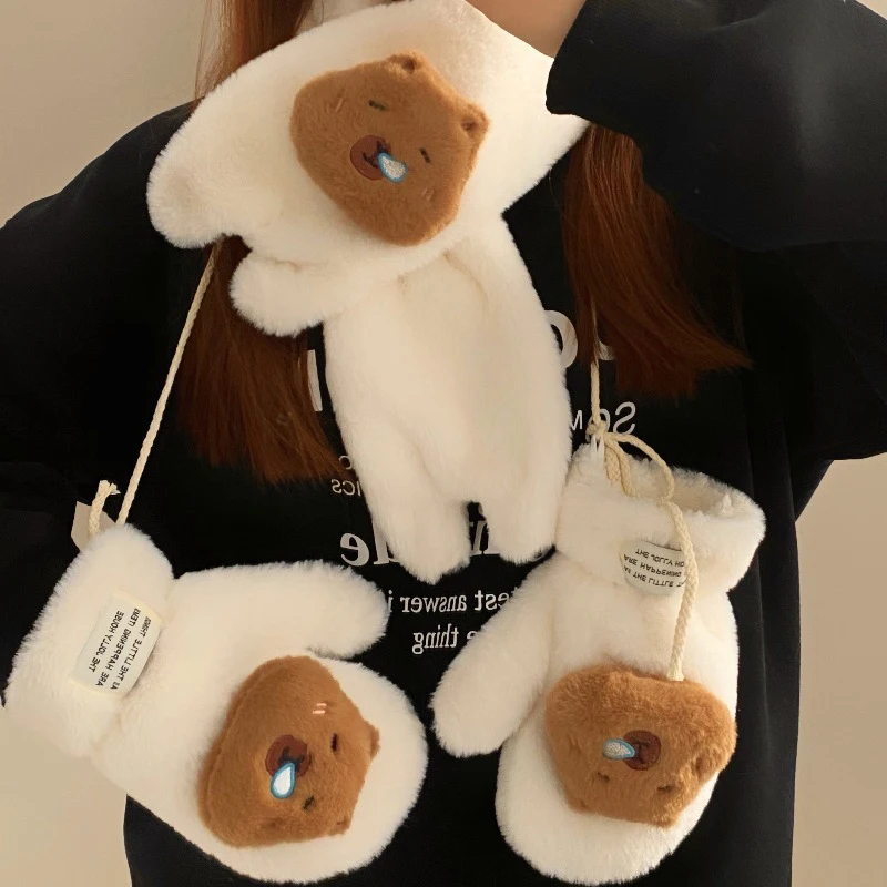 New Cute Plush Capybara Gloves Double Layer Warm Hanging Neck Mittens Scarf Cold-proof Warm Lanyard Kawaii Winter Cycling Glove