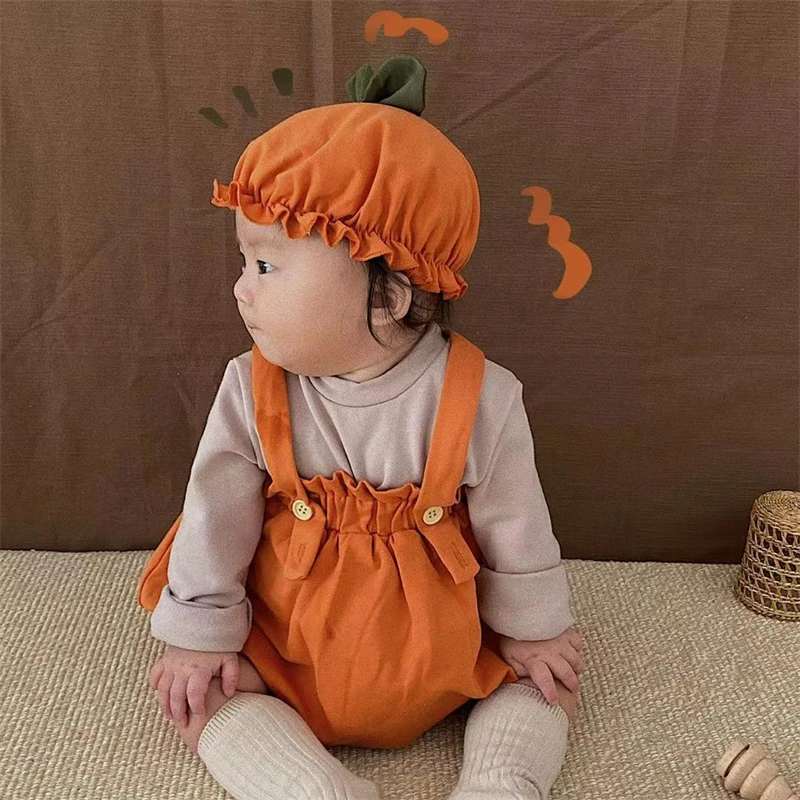 Baby Halloween Costumes Pumpkin Lantern Suspender Short Pants Hat 2pcs Sets Toddler Boys Girls jack-o\'-lantern Outfits