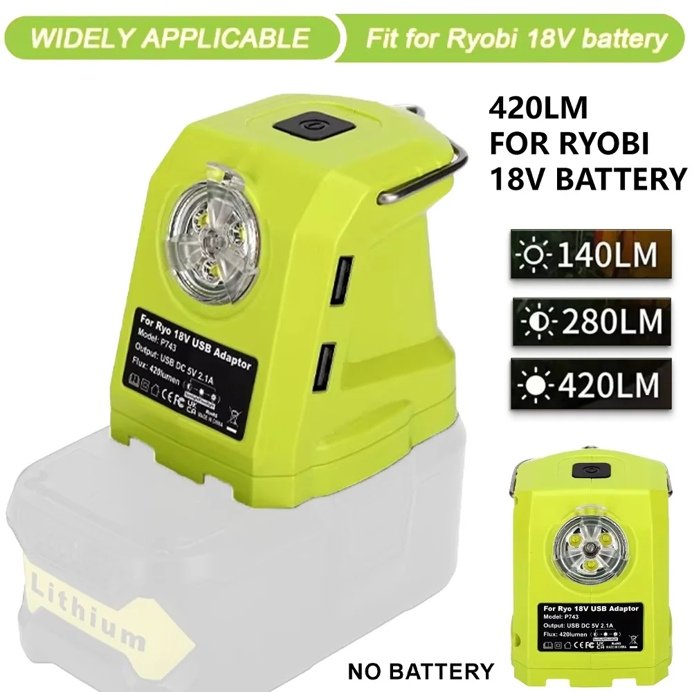 

Portable LED Light for Ryobi 18v Battery 450lm Work Light Powered by For Ryobi Battery Dual USB 2.1A Fast Charge 3 Modes