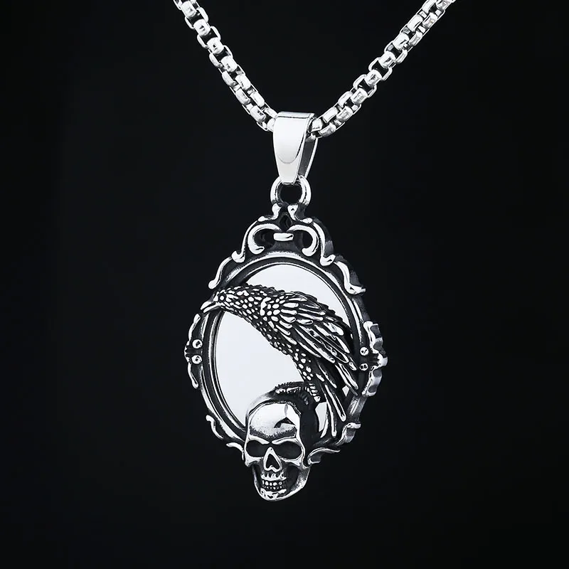 Fashion 316L Stainless Steel 2023 New Arrive Fashion Skull Head With Crow Pendant Necklace For Man Women Mirror Charm Gift