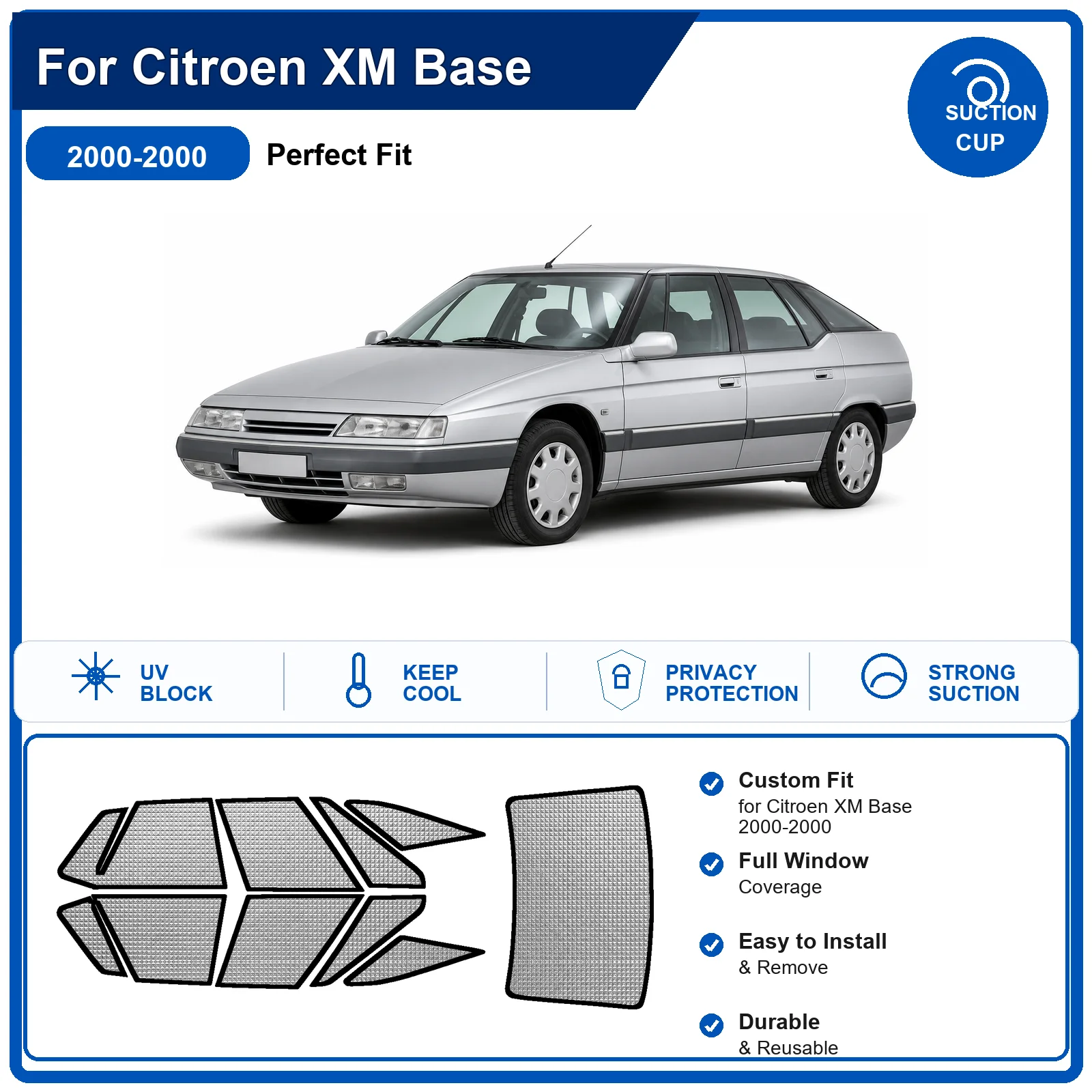 For Citroen XM Base 2000-2000 Custom Full Set Windshield Sun Shade Aluminum Foil Heat Insulation Anti UV Foldable