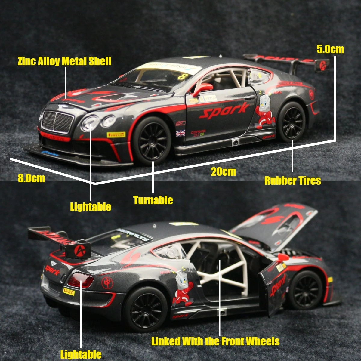 1/24 Bentley Continental GT3 Racing 1:24 Diecast Alloy Toy Car Miniature Model Free Wheels Sound & Light Collection Gift For Kid