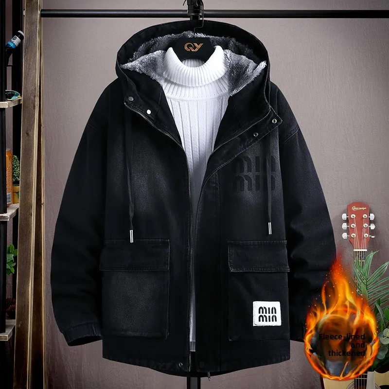 

Утепленная джинсовая куртка для подростков, новая зимняя модель с капюшоном, хлопковая одежда для старшеклассников, защита от холода, теплая.