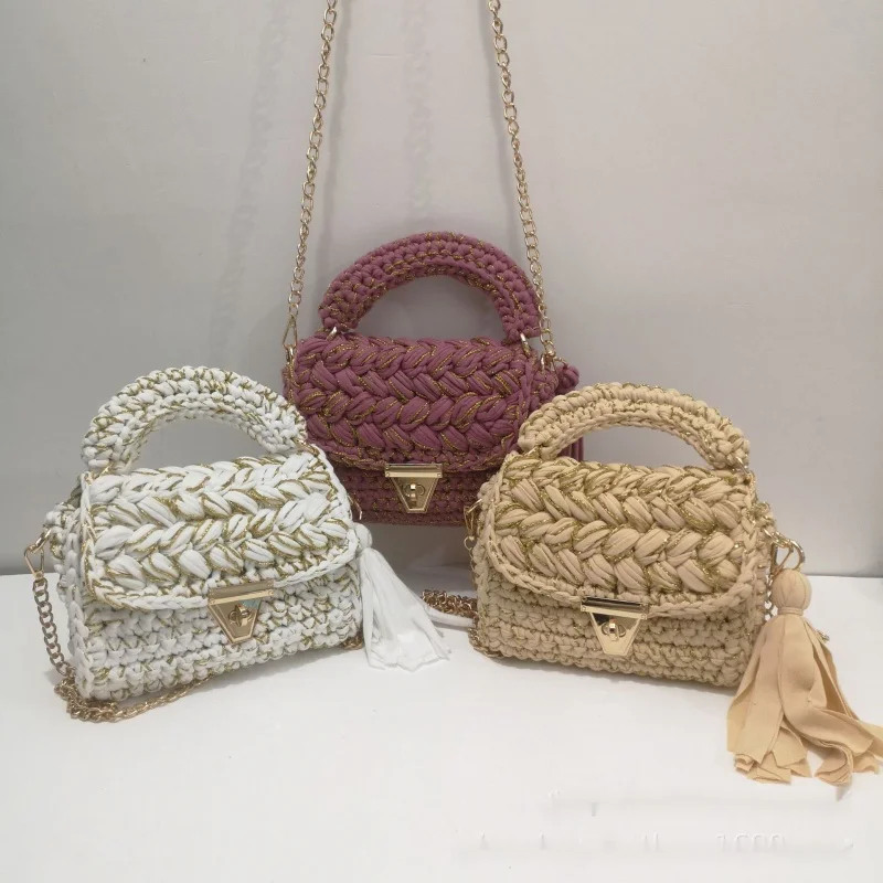 

2024New Cloth and Gold Crochet Handbag Handmade Finished Women's Crossbody Tassel Small Square Bag