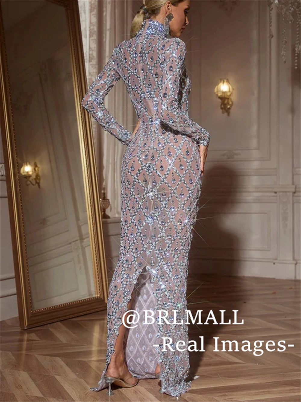 BRLMALL Volle Ärmel Illusion Abendkleid Stehkragen Lange Mantel Abendkleider Echte Bilder Hochzeit Party Kleider Viele Farben