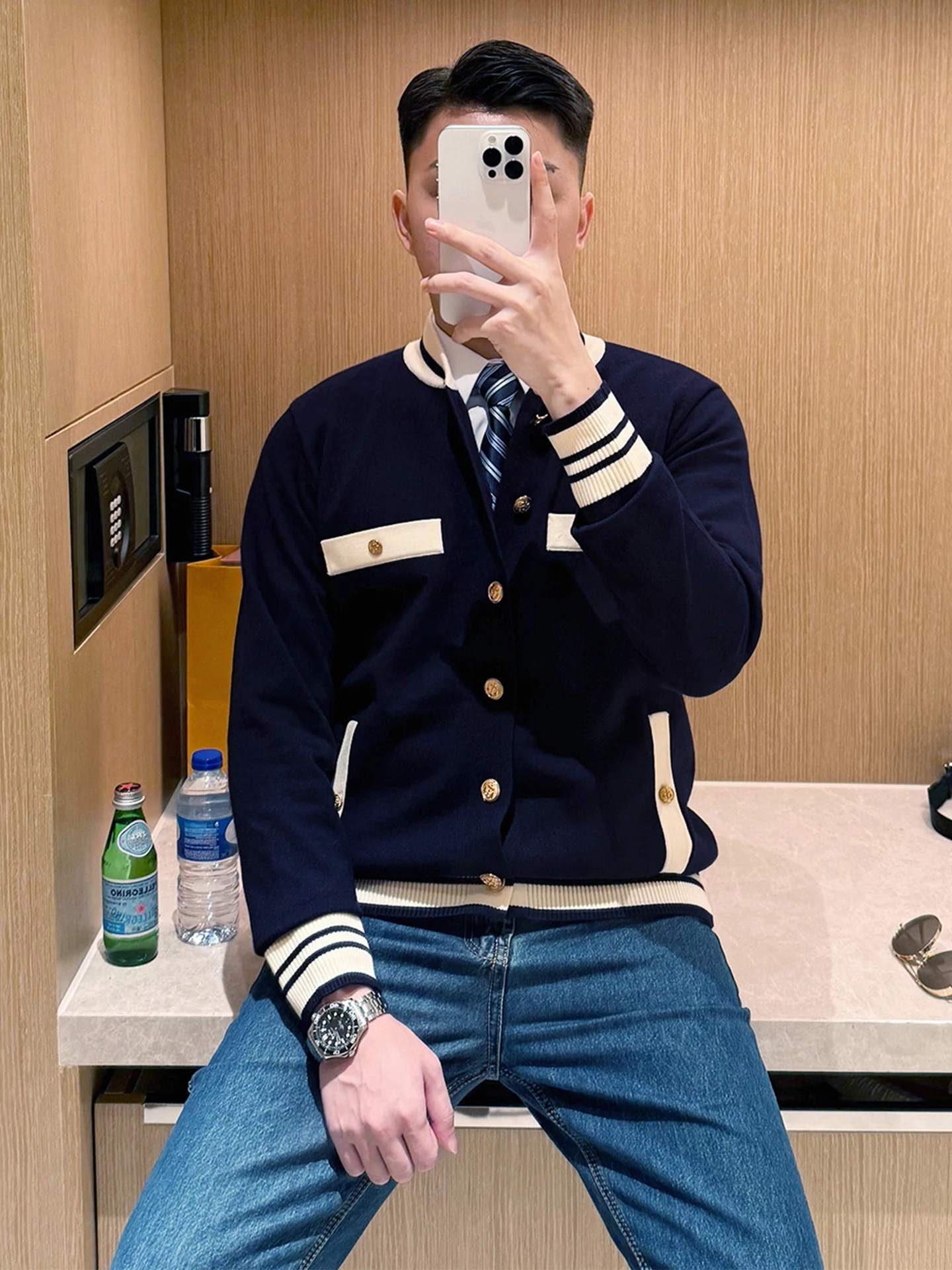 

Мужской вязаный кардиган в стиле пэчворк, модный, приталенный, осенне-зимний, деловой, ретро-свитер-жакет для мужчин