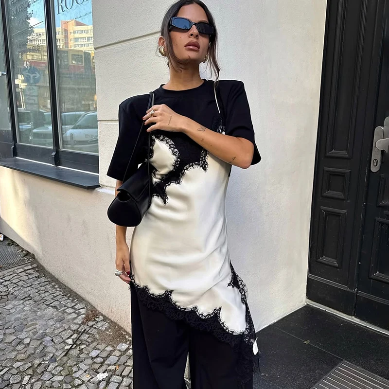 

Tornova Lace Splice Mini Dress Woman Backless Slit Irregular Sexy Spaghetti Strap Dress Evening Party Slim Female Elegant Dress