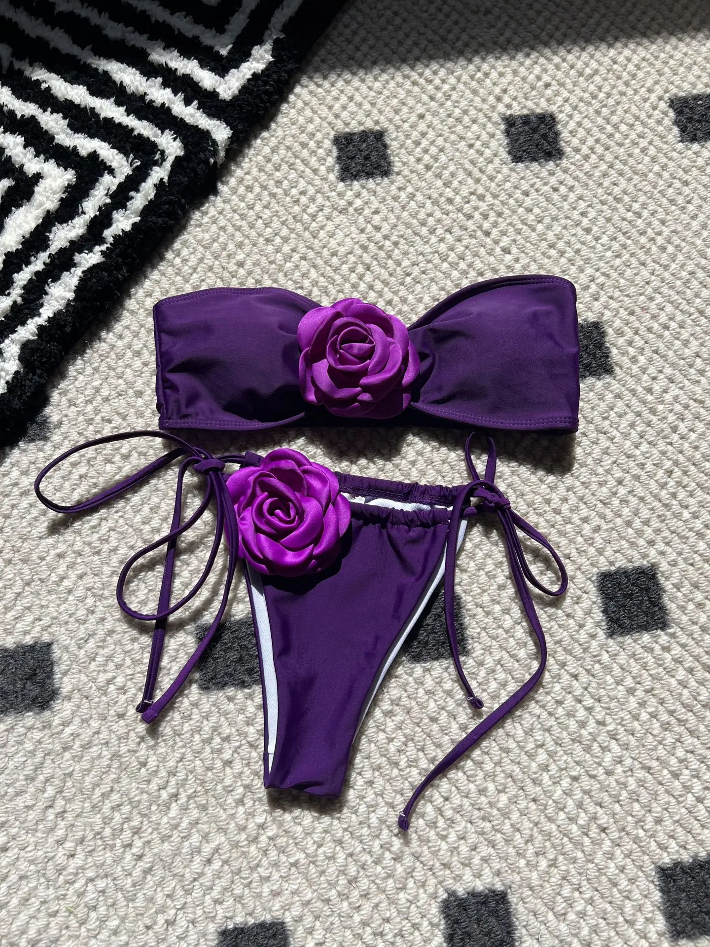 

Bikini Sets Sexy Beach 3D Flower Floral Bandeau Swimwear Women Micro Thong Swimsuit Swimming Suit Bikini New 2024 Mujer Biquinis