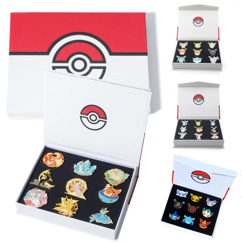 

9 Style Pokemon Badges Evees Family Vaporeon Jolteon Espeon Umbreon Pins Brooches Eeveelution Box Collection Pocket Monster