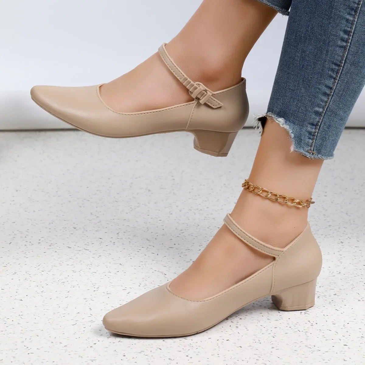 Spring Women's Heeled Shoes New Pionted Toe Shallow Chunky Heel Ankle Strap Single Shoes for Women Dress Office Ladies Pumps