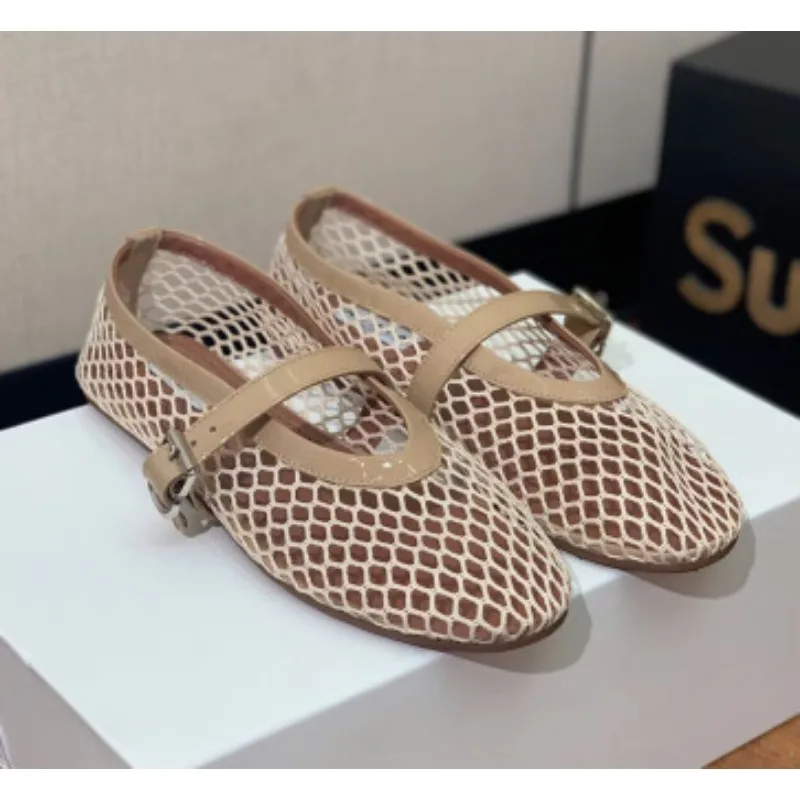 In Summer, Wear Round Toe, Straight Buckles, Casual and Comfortable, Women's Flats, Cut-out Mary Jane Single Shoes,fishnet Shoes