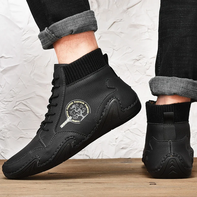 Leather Men Boots Men Casual Shoes Sneakers High Top Western Ankle Boots Waterproof Winter with Fur Super Warm Snow Boots