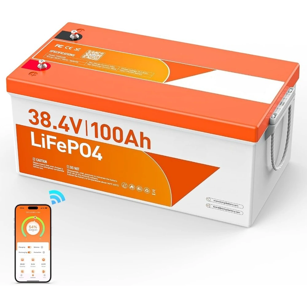 

36V(38.4V)100Ah Lithium Iron Phosphate (LiFePO4) Battery with Bluetooth Low-Temp Protection, Built-in 200A BMS,7.68kW Max Power