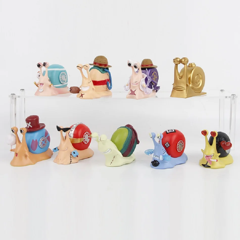 9 pçs anime uma peça comum caracol figura luffy chopper ace roronoa zoro telefone bug brinquedo modelo ornamentos crianças presentes de natal