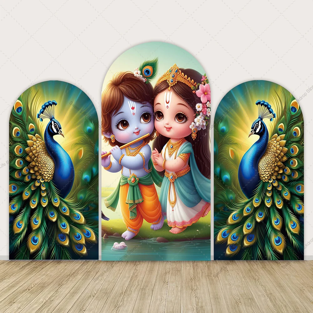 Cubierta de arco de Krishna india, telón de fondo para bautismo de bebé, cumpleaños, boda, Dios hindú, Krishna, Radha, Yashoda, decoración de cubierta de arco
