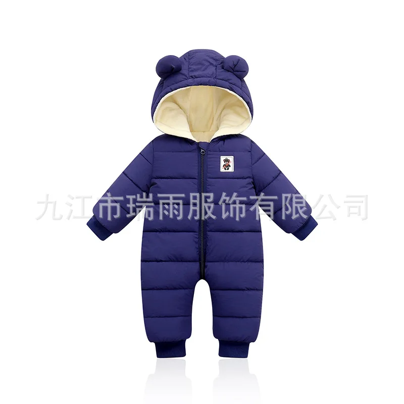 

Autumn Winter New Baby Boys Girls Bodysuit Solid Color Cartoon Lining Plush Thick Warm Hooded Jumpsuits For 6M-2Y Kids Romper